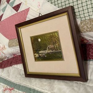 Vintage gold barn moon winter picture framed